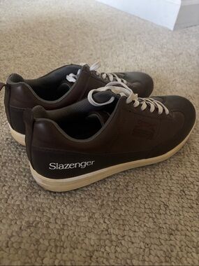 Slazenger Men's Dark Brown Leather-Look Lace-Up Sneakers with Cream Soles
